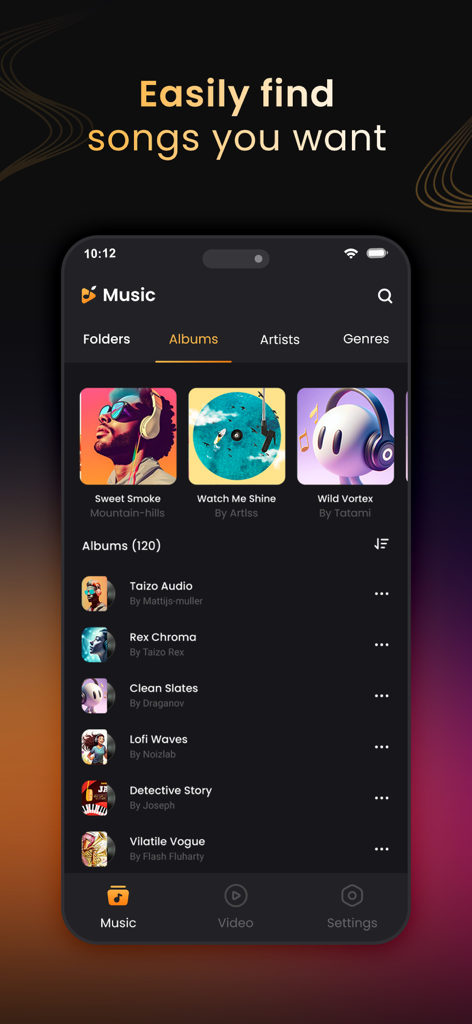 Music Player & MP3 Player ‣ - Captura de pantalla de la aplicación Reproductor de Música que muestra la vista de la biblioteca de Álbumes con una lista de pistas de música y carátulas de álbumes en modo oscuro