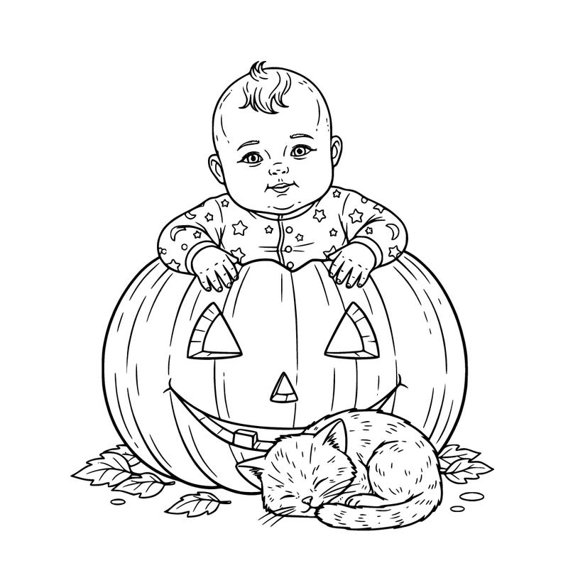 baby sitting in a pumpkin wearing a sleeper and a kitten asleep near the pumpkin