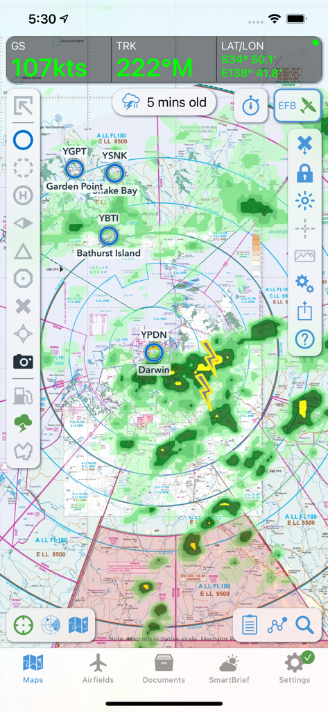 OzRunways EFB flight navigation interface displaying a GPS moving map with weather radar and lightning overlays over Northern Australia