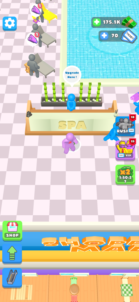 Shopping Mall 3D - Top down view of a spa area with a pool and character upgrades in Shopping Mall 3D