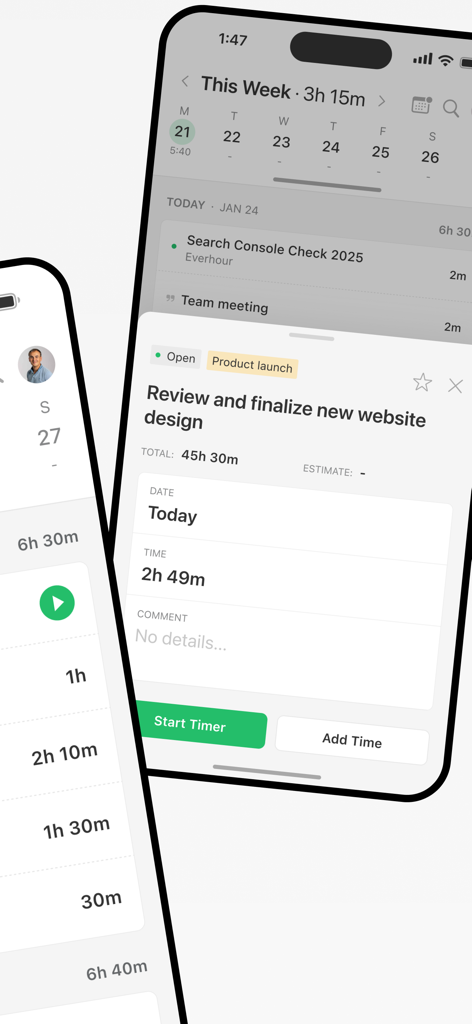 Everhour mobile app on iPhone showing a timer for a website design task and a weekly time log