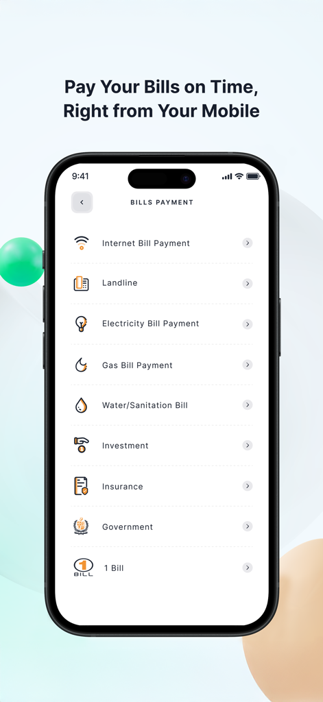 FIRST PAY mobile app interface showing various bill payment options including internet, electricity, and gas.