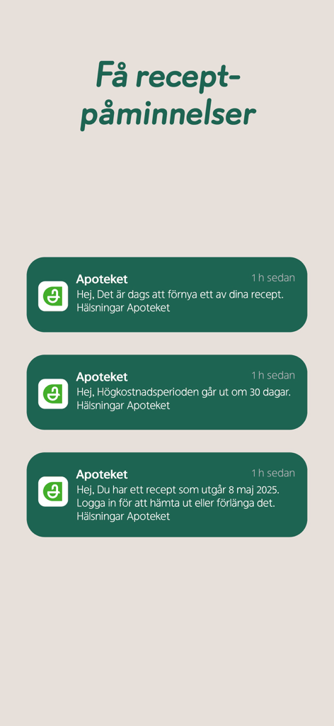 Apoteket - A mobile app screen showing three push notifications from the Apoteket app regarding prescription renewals and health coverage reminders.