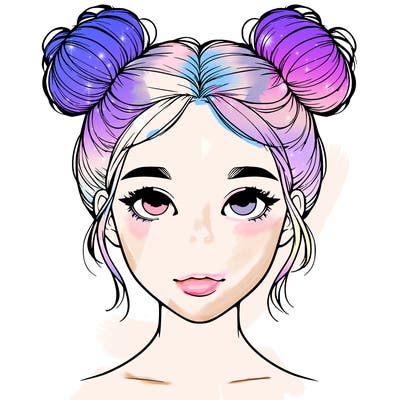 realistic girl with two buns on top of her head