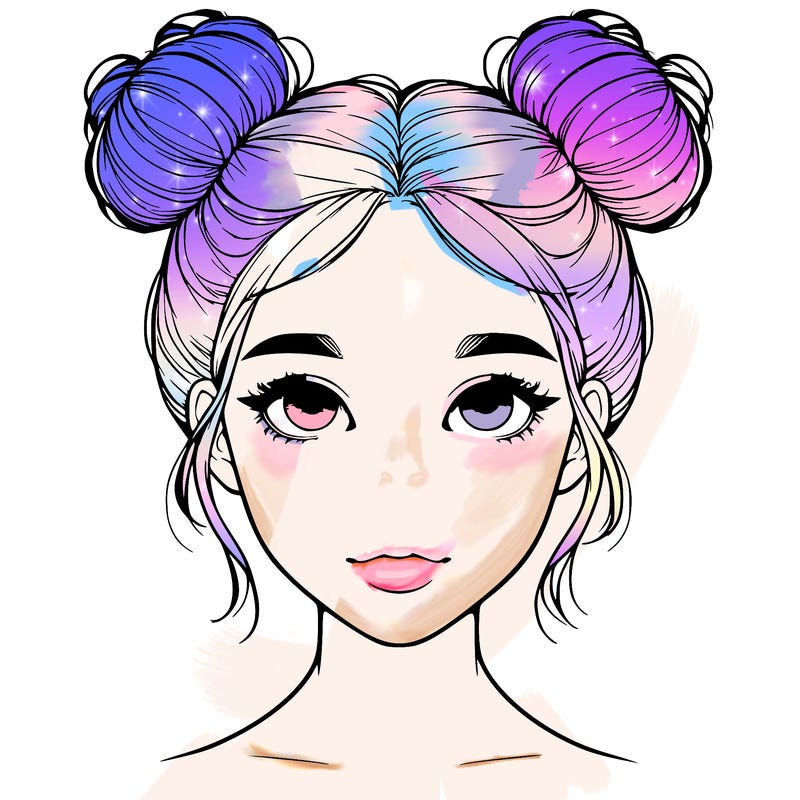 realistic girl with two buns on top of her head