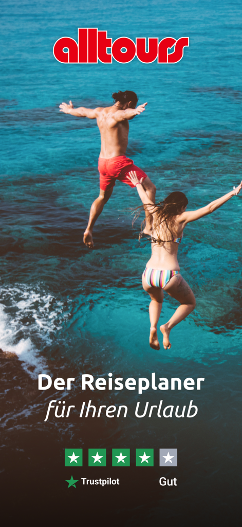 mein alltours - Intro screen of the mein alltours app showing a couple jumping into blue ocean water