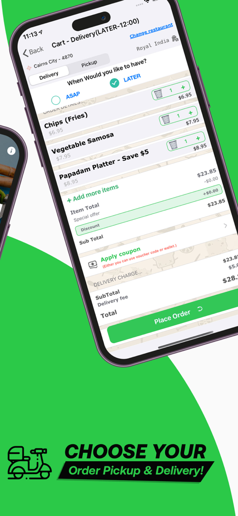 Tela móvel do aplicativo OZFOODHUNTER mostrando um carrinho de comida com opções de entrega e retirada