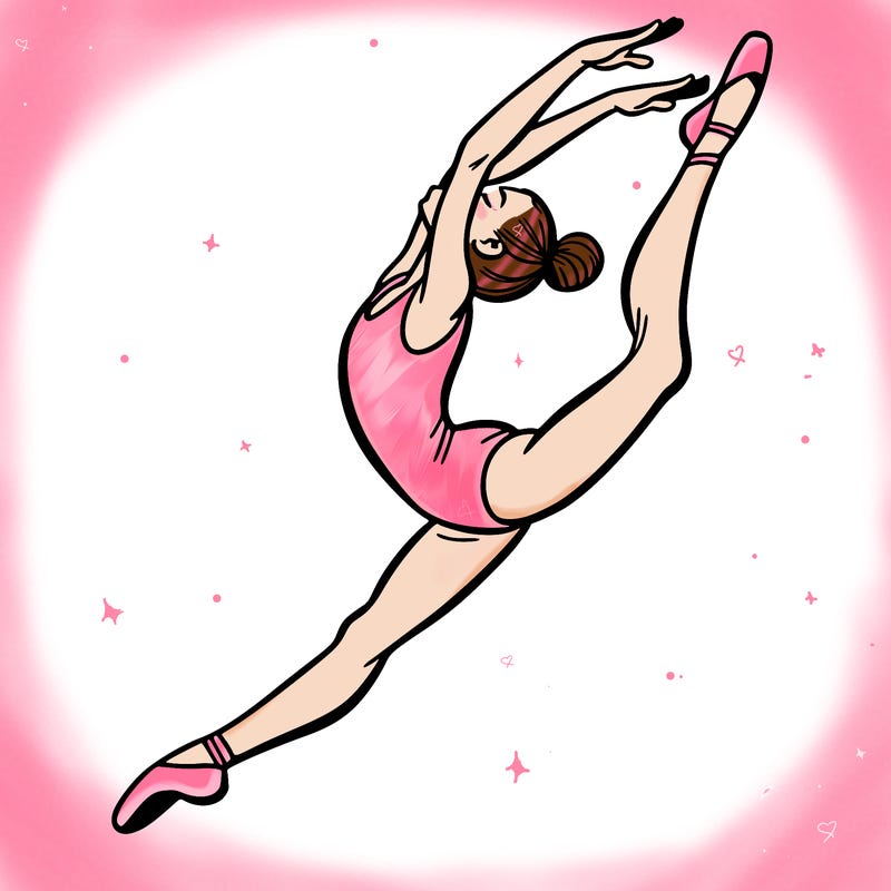 gymnast doing a leap in a leotard with a bent back leg