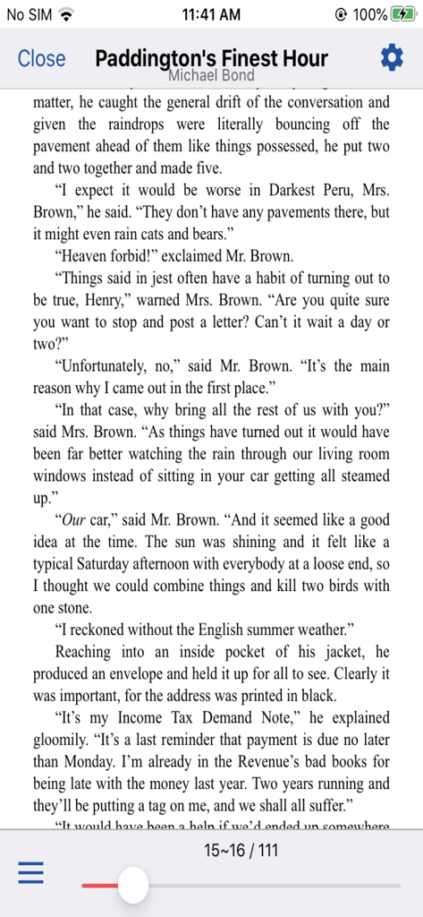 E-Sentral - E-Sentral ebook reader interface showing a page from the book Paddingtons Finest Hour