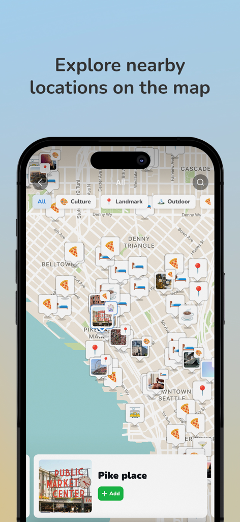 Interface of the Steller travel app showing a city map with various icons for food, landmarks, and accommodations.