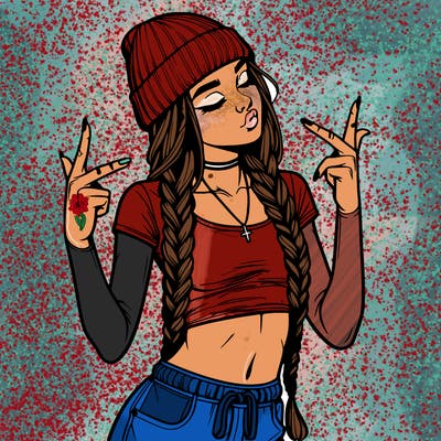 realistic teenage girl with braids and a beanie and crop top doing 🫶🏼