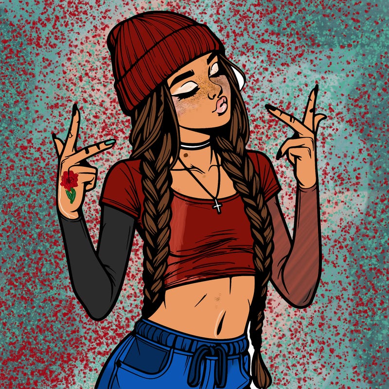 realistic teenage girl with braids and a beanie and crop top doing 🫶🏼