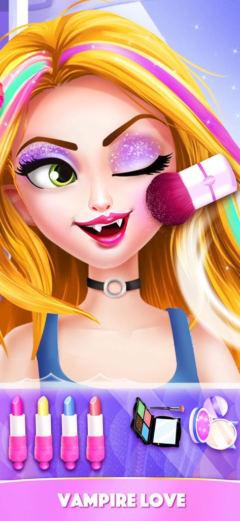 Ein Mädchen mit Vampirzähnen bekommt ein Make-up-Makeover mit glitzerndem Lidschatten und Rouge