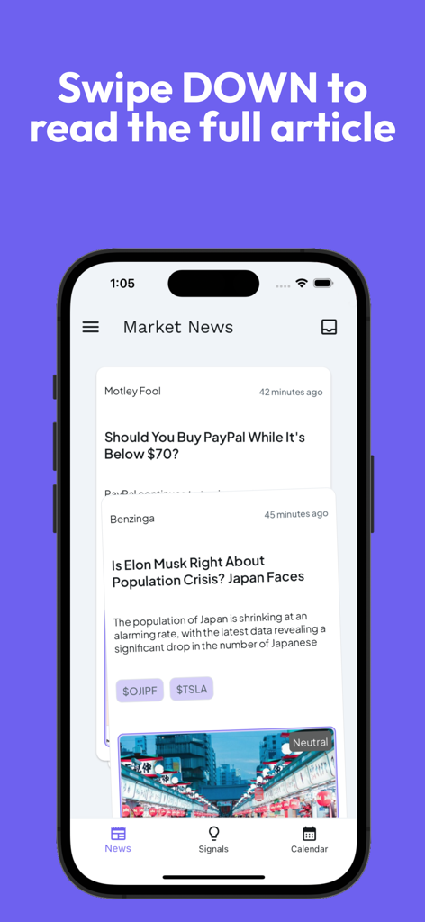 Um smartphone exibindo os cartões de notícias de mercado para deslizar do aplicativo Alerta com manchetes financeiras e atualizações de ações.