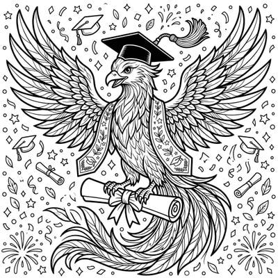 Celebrate monumental achievements with this majestic Golden Phoenix, beautifully adorned for graduation day. This intricate coloring page symbolizes wisdom, triumph, and the exciting journey ahead for all graduates.