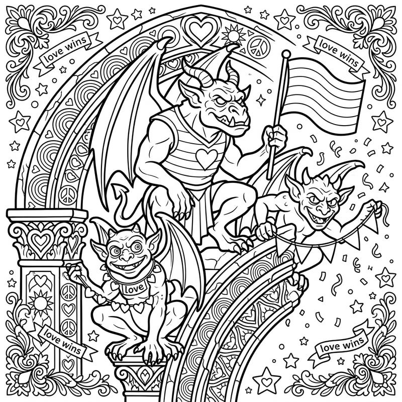 Unleash your creativity with this wonderfully quirky coloring page featuring grotesque gargoyles celebrating Pride Month. Join these playful protectors in a vibrant display of love, diversity, and fun, perfect for all ages.