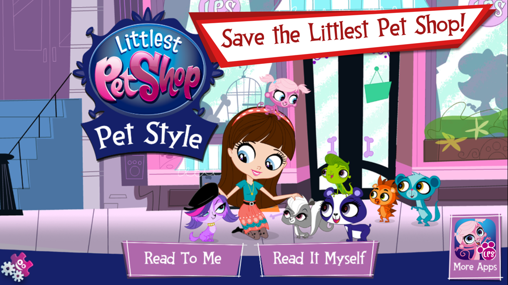 Littlest Pet Shop: Pet Style - Blythe Baxter and her animal friends in front of the Littlest Pet Shop on the app's main menu screen.