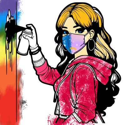 realistic girl with mask spray painting a wall