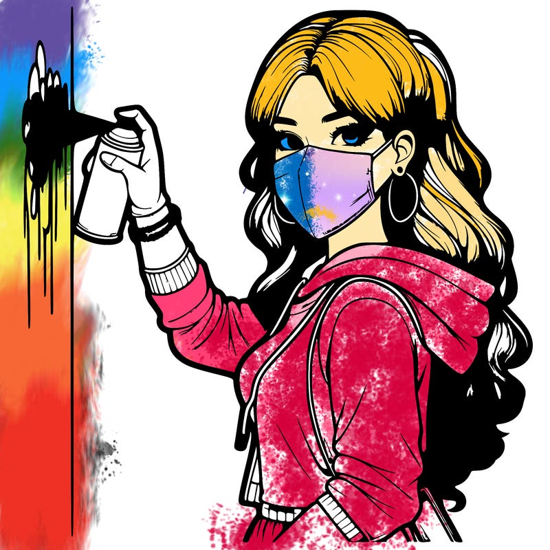 realistic girl with mask spray painting a wall