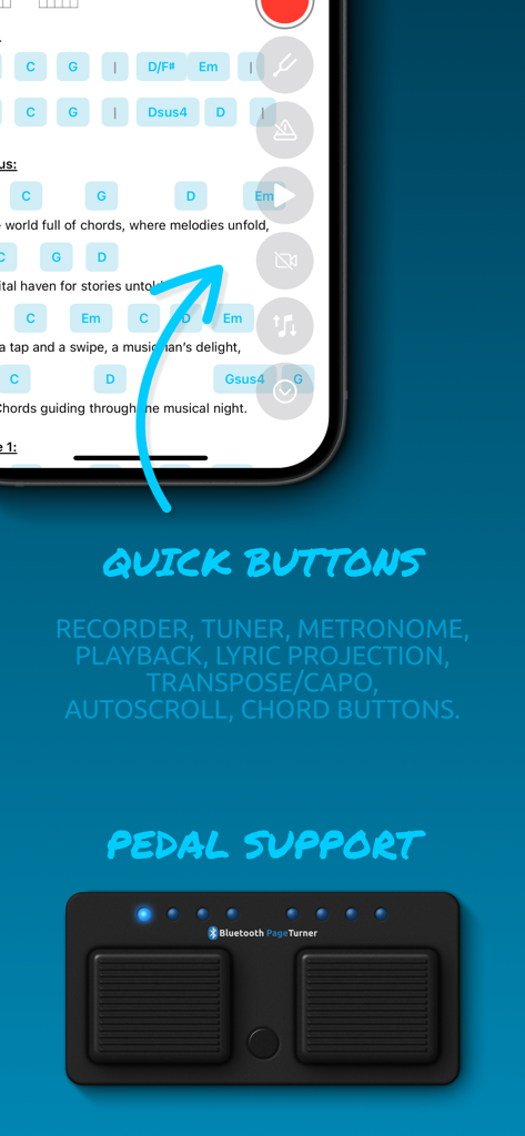 JustChords - JustChords app interface highlighting quick action buttons and Bluetooth pedal support for musicians