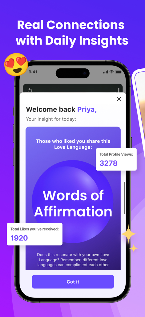 Dil Mil app screenshot displaying daily insights including profile views and matches shared love language