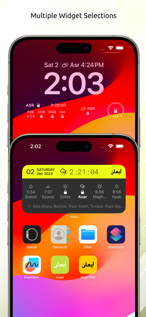 iman: Azan Qibla Quran - Iman app home and lock screen widgets displaying Islamic prayer times on iPhone