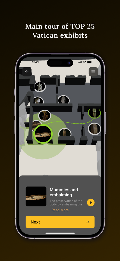 3D map interface of the Vatican Museums audioguide app showing the main tour route and exhibit locations