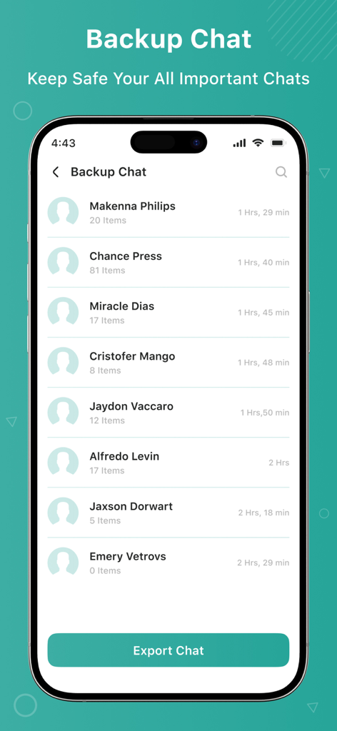 Interface de l'application WAMR affichant une liste de conversations de discussion sauvegardées avec un bouton d'exportation