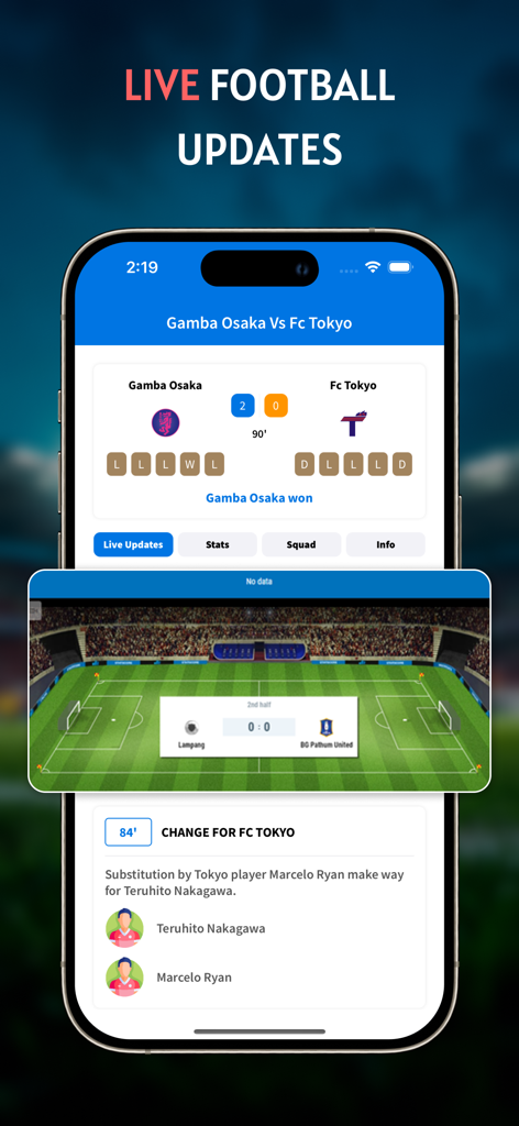 Live Football TV: Live Matches - Mobile app screen displaying live soccer match updates with scores and player substitutions