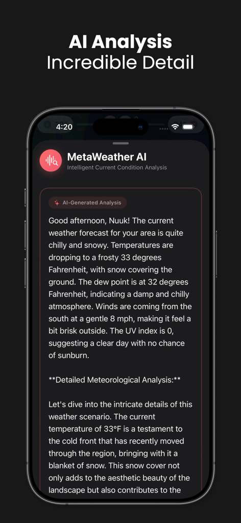 MetaWeather app screenshot showing a detailed AI-generated weather analysis for Nuuk on an iPhone screen.