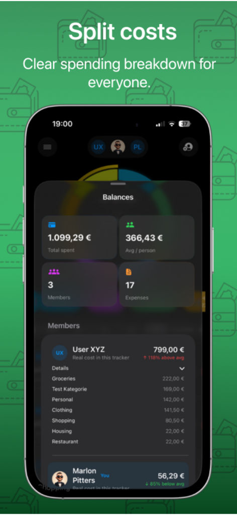 Costify: Expense Tracker - Screenshot of Costify app showing group expense splitting and member balance details