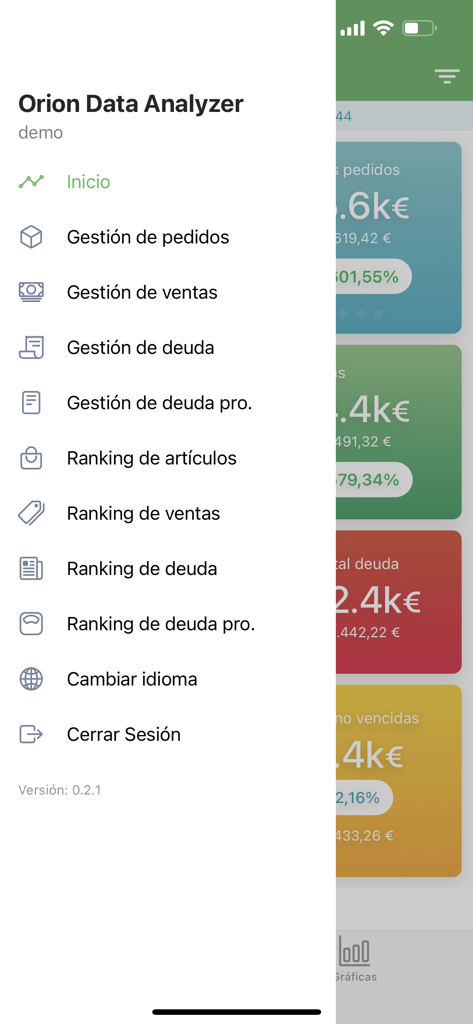 Orion Data Analyzer app side navigation menu displaying options for sales management and debt analysis