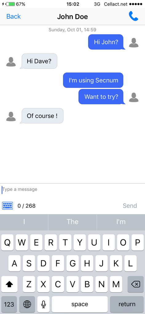 Secnum - Interfaz de mensajería de la aplicación Secnum mostrando una conversación de texto entre usuarios