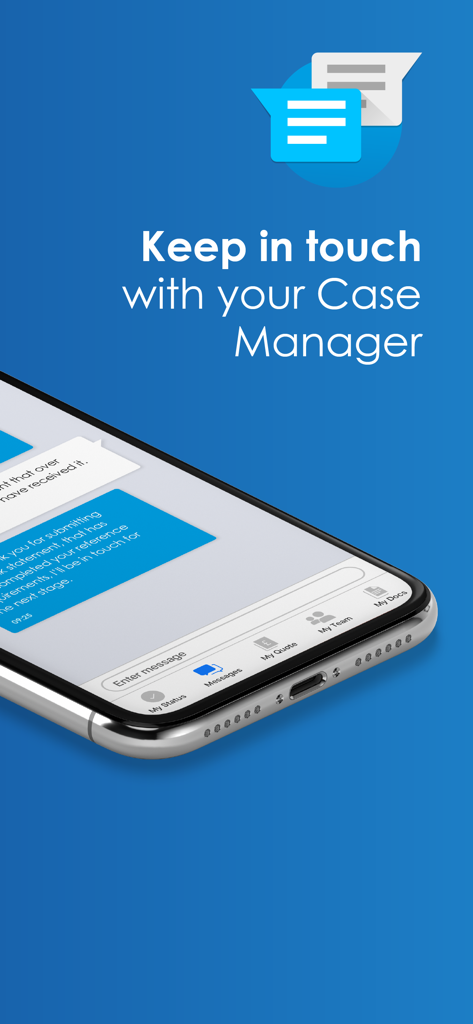 MyFluent - A mobile screen showing the MyFluent app messaging interface for contacting a case manager directly regarding a loan application.