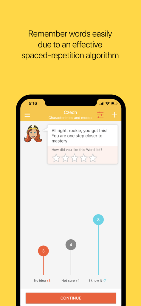 Vocabulary Miner - A screen in the Vocabulary Miner app showing learning statistics and progress using a spaced repetition algorithm.