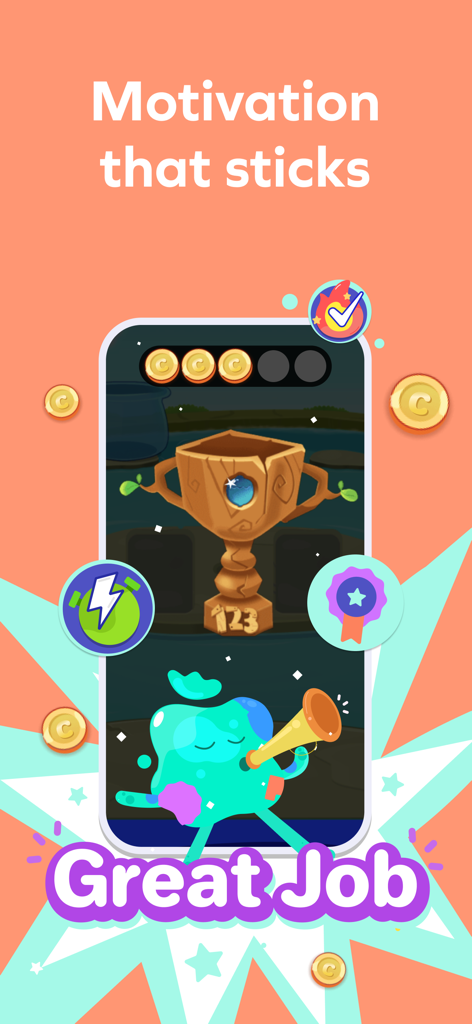 Splash Jr: Toddler Games 2-4 - Splash Jr toddler app reward screen featuring a trophy and character celebration with coins and badges