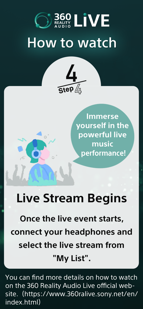 Infographie montrant l'étape 4 pour regarder un stream live sur l'application 360 Reality Audio Live