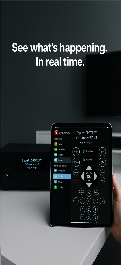 MyURemote - Universal Remote - MyURemote app on an iPad showing real time control and status of a home theater system