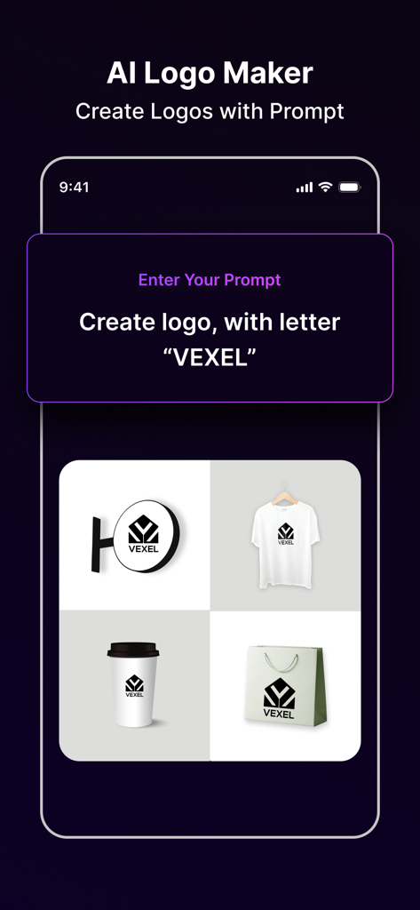 Cava AI Logo Maker: Rebrand - Interface of an AI logo maker showing a text prompt and brand logos on a shirt coffee cup and shopping bag