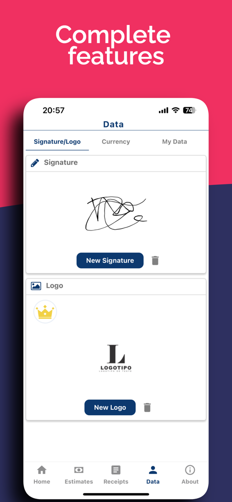 Receipt Creator & Estimate App - Pantalla de la aplicación Receipt Creator para agregar una firma digital y el logotipo de la empresa