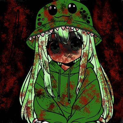 girl with anime shaped eyes with a dinosaur bucket hat oversized sweatshirt long straight hair