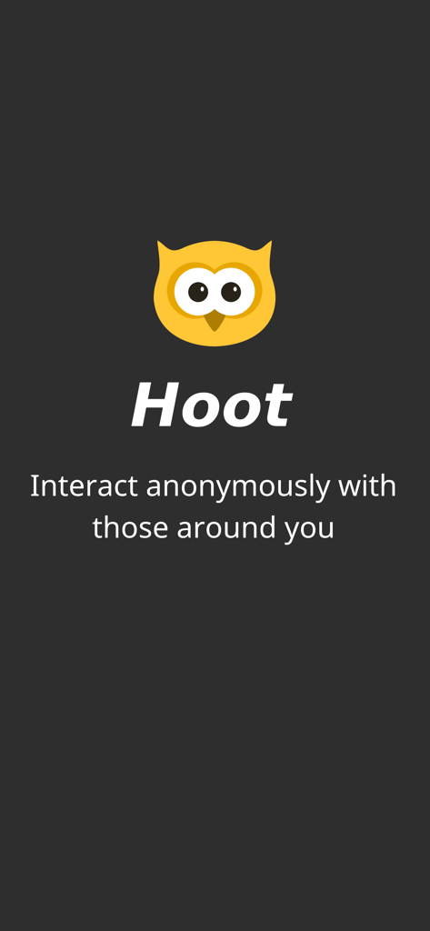 Hoot - Social Made Local - Hoot app splash screen featuring a yellow owl logo and tagline about anonymous local interaction
