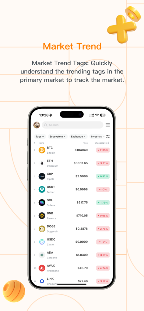 RootData - Top Crypto Database - RootData mobile app interface showing a list of top cryptocurrencies with their current prices and 24-hour market trends