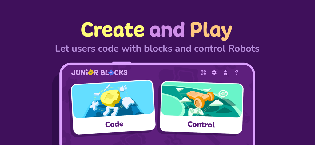 PictoBlox Junior Blocks - PictoBlox Junior Blocks App-Startbildschirm mit Optionen zum Erstellen und Spielen für Programmierung und Robotik