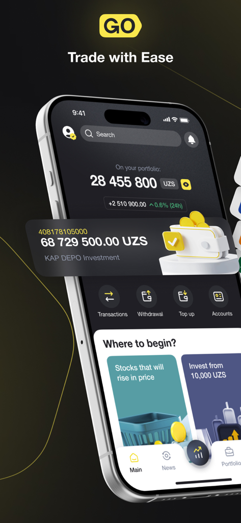 Interface de l'application mobile GoInvest affichant le solde d'un portefeuille en Som ouzbek et les fonctionnalités de trading