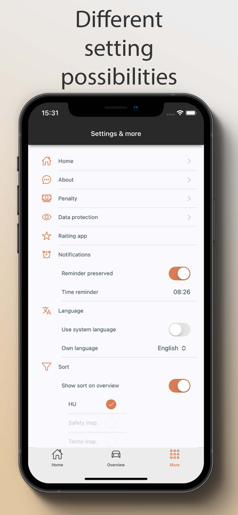 HU Reminder app settings screen showing notification and language preferences