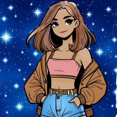 a realistic girl with a crop top and short shorts in an open jacket