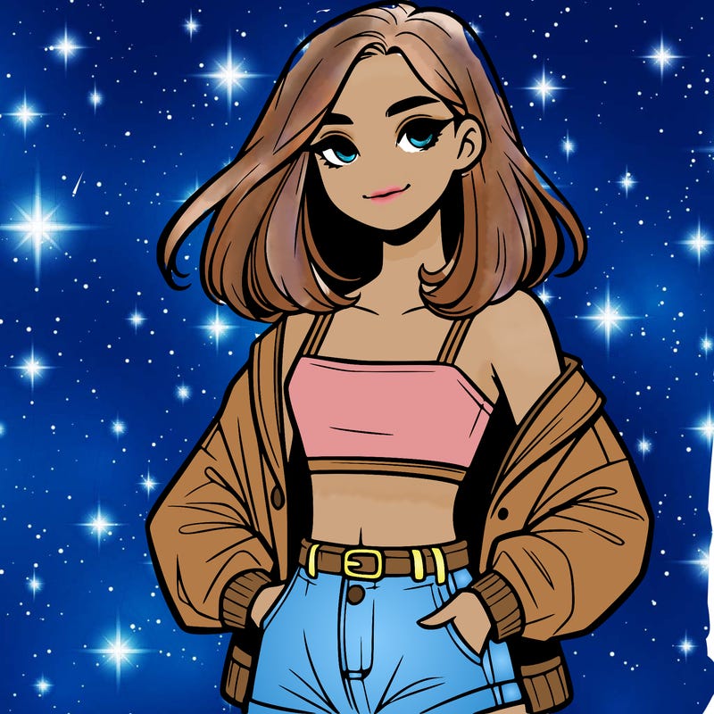 a realistic girl with a crop top and short shorts in an open jacket