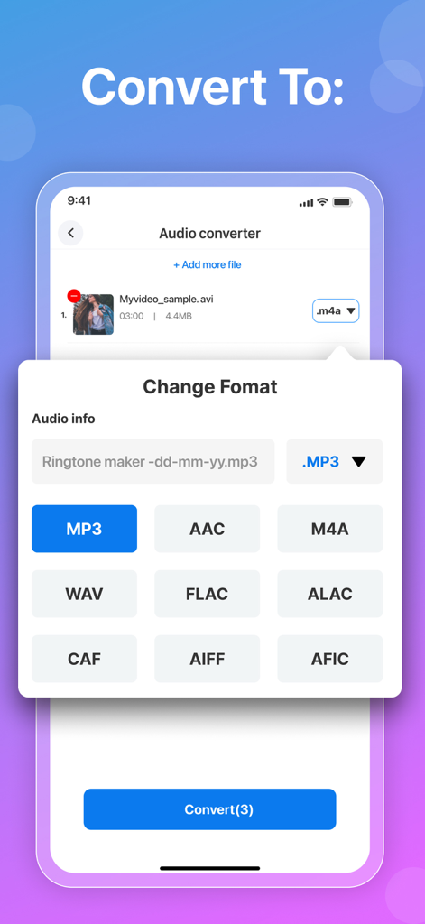 Audio Converter - Music editor - Seleccionando formato de audio para conversión en la aplicación Audio Converter
