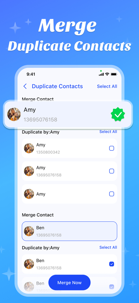 Interfaz de Amor Cleaner que muestra cómo fusionar contactos duplicados en un smartphone